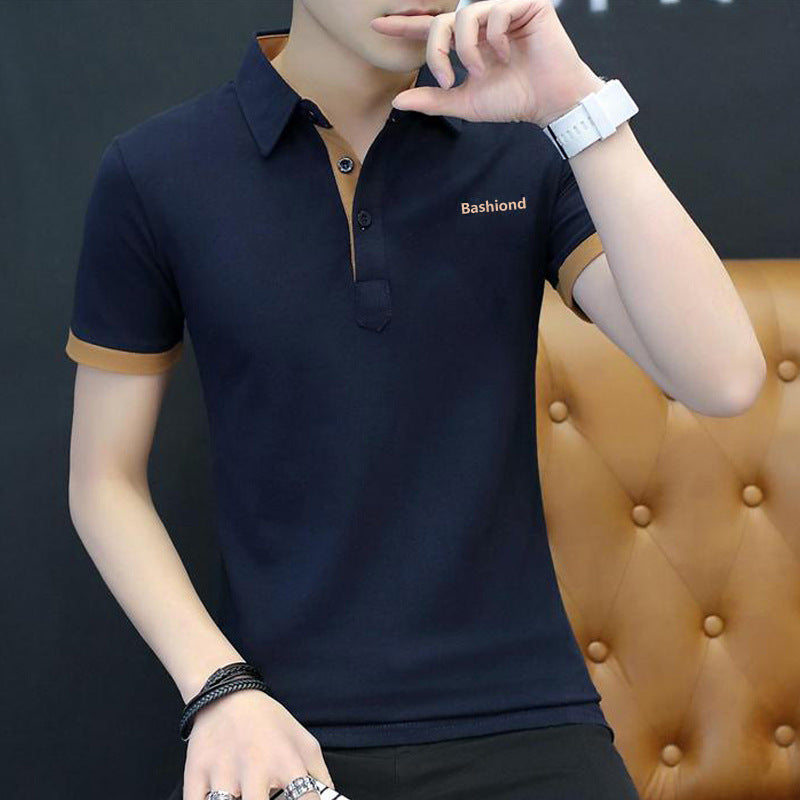 Cotton polo shirt in dark blue with short sleeves and a stylish design featuring the text Bashihond.