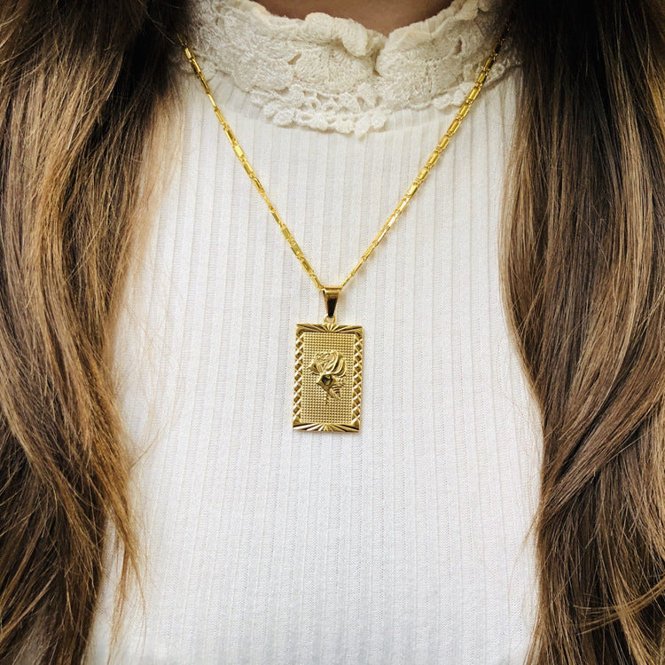 Eco-friendly Stainless Steel 18K Gold Plated Vintage Ladies Jewelry Square Rose Plate Pendant Necklaces For Women