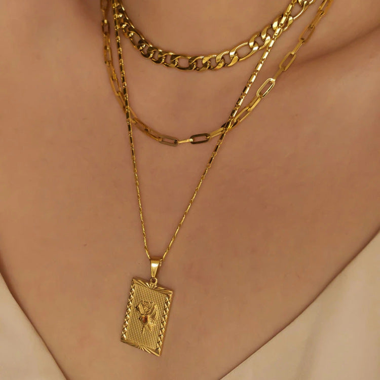 Eco-friendly Stainless Steel 18K Gold Plated Vintage Ladies Jewelry Square Rose Plate Pendant Necklaces For Women