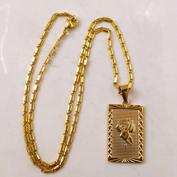 Eco-friendly Stainless Steel 18K Gold Plated Vintage Ladies Jewelry Square Rose Plate Pendant Necklaces For Women