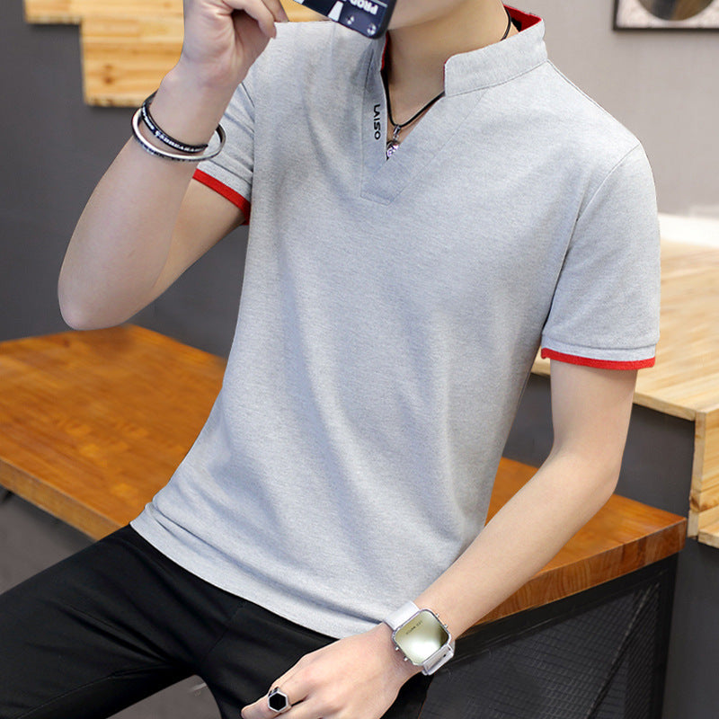 Cotton polo shirt in grey with short sleeves and red accents, perfect for casual wear.