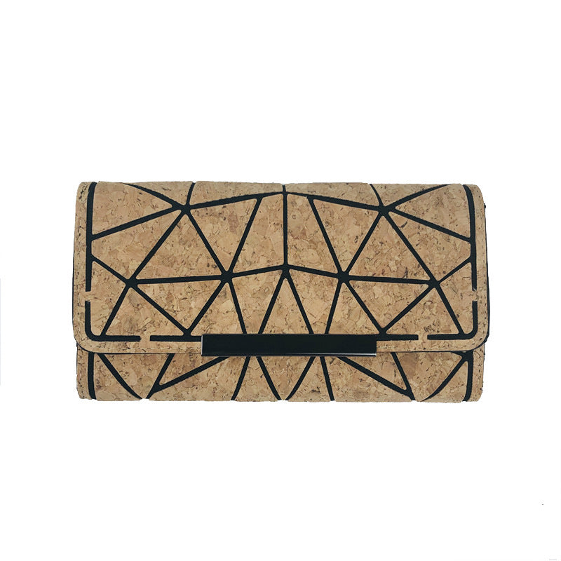 Eco-friendly Cork Grain Multifunctional Fashion Waterproof 3 Fold Hand Wallet with geometric pattern design.
