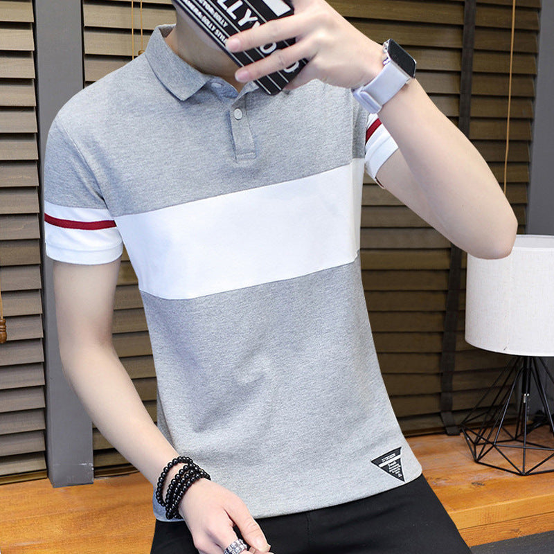 Cotton polo shirt in gray with white stripes and short sleeves, perfect for a stylish casual look.