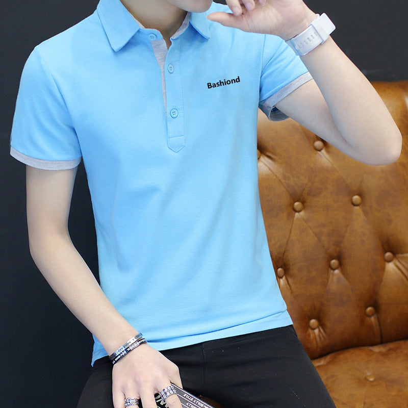 Cotton polo shirt in light blue color with short sleeves, suitable for casual wear and a tight-fitting style.