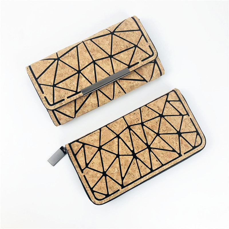 Eco-friendly Cork Grain Multifunctional Fashion Waterproof 3 Fold Hand Wallet in geometric pattern design.
