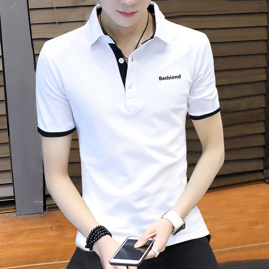 Cotton polo shirt worn by a person, featuring short sleeves and a stylish design, perfect for casual or semi-formal wear.