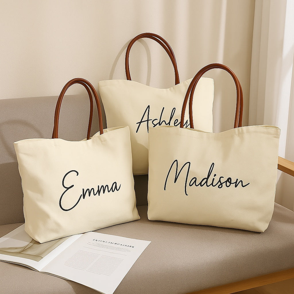 Canvas Tote Bag featuring personalized names on a light background, perfect for casual outings.