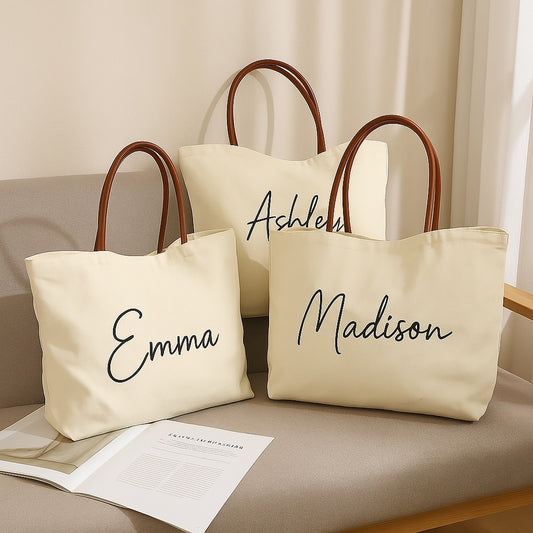 Canvas Tote Bag featuring personalized names on a light background, perfect for casual outings.