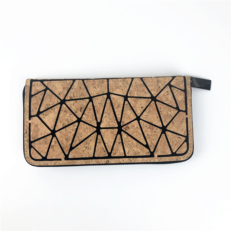 Eco-friendly Cork Grain Multifunctional Fashion Waterproof 3 Fold Hand Wallet in geometric pattern design.