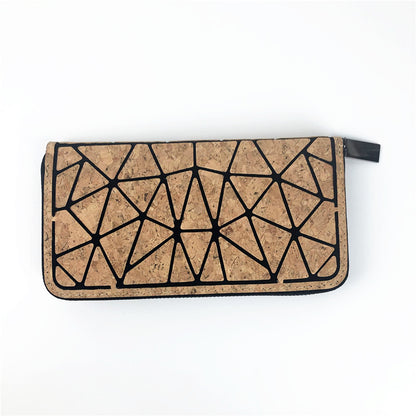 Eco-friendly Cork Grain Multifunctional Fashion Waterproof 3 Fold Hand Wallet in geometric pattern design.