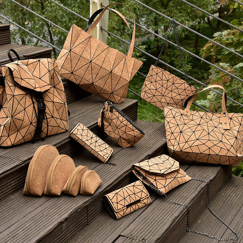 Eco-friendly Cork Grain Multifunctional Fashion Waterproof 3 Fold Hand Wallet and assorted cork bags in geometric patterns.